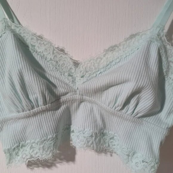 NEW Aerie | Ribbed Eyelash Lace Trim Longline Bralette in Tiffany Blue - Picture 4 of 9